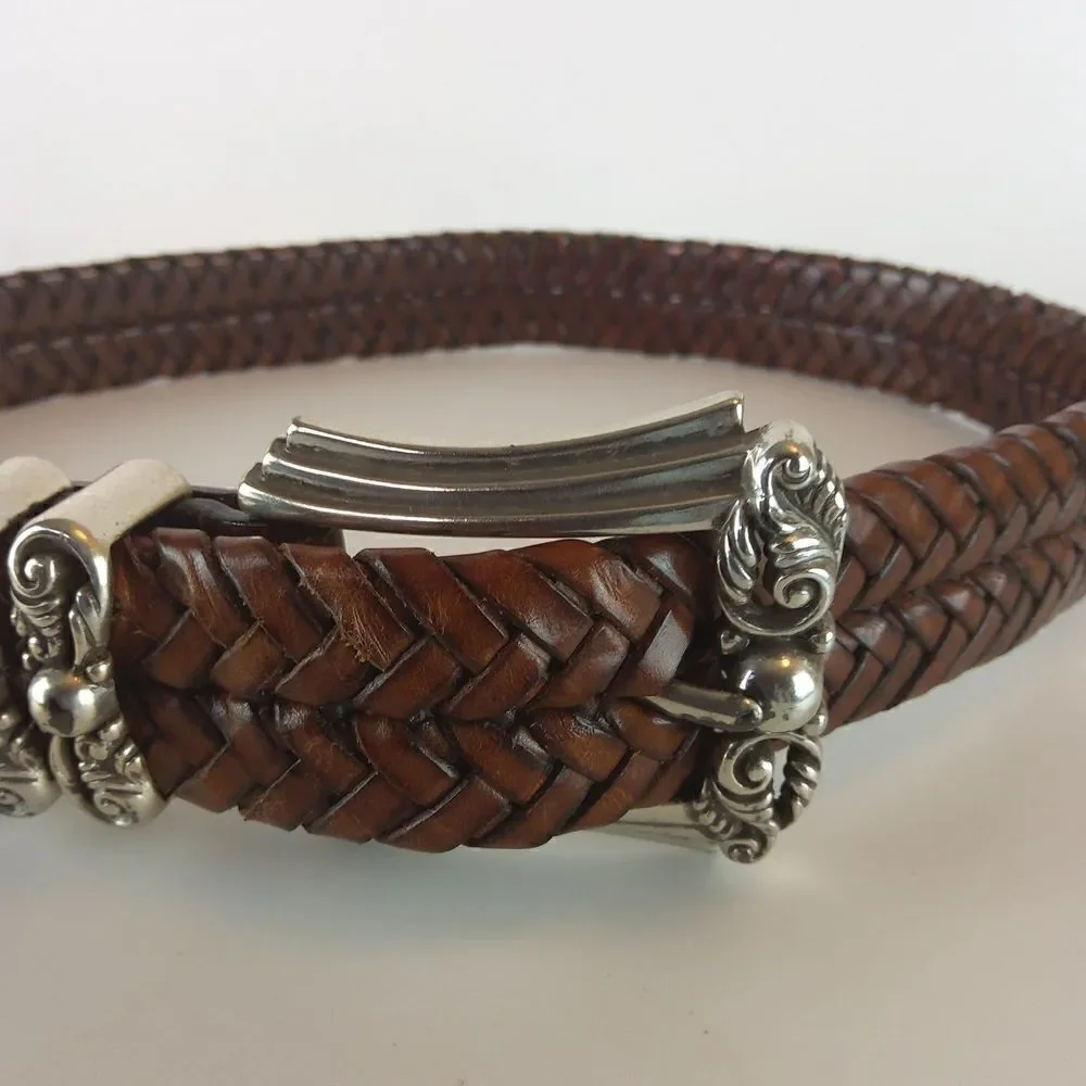 Brighton brown weaved leather belt with decorative silver buckle SZ. S/28